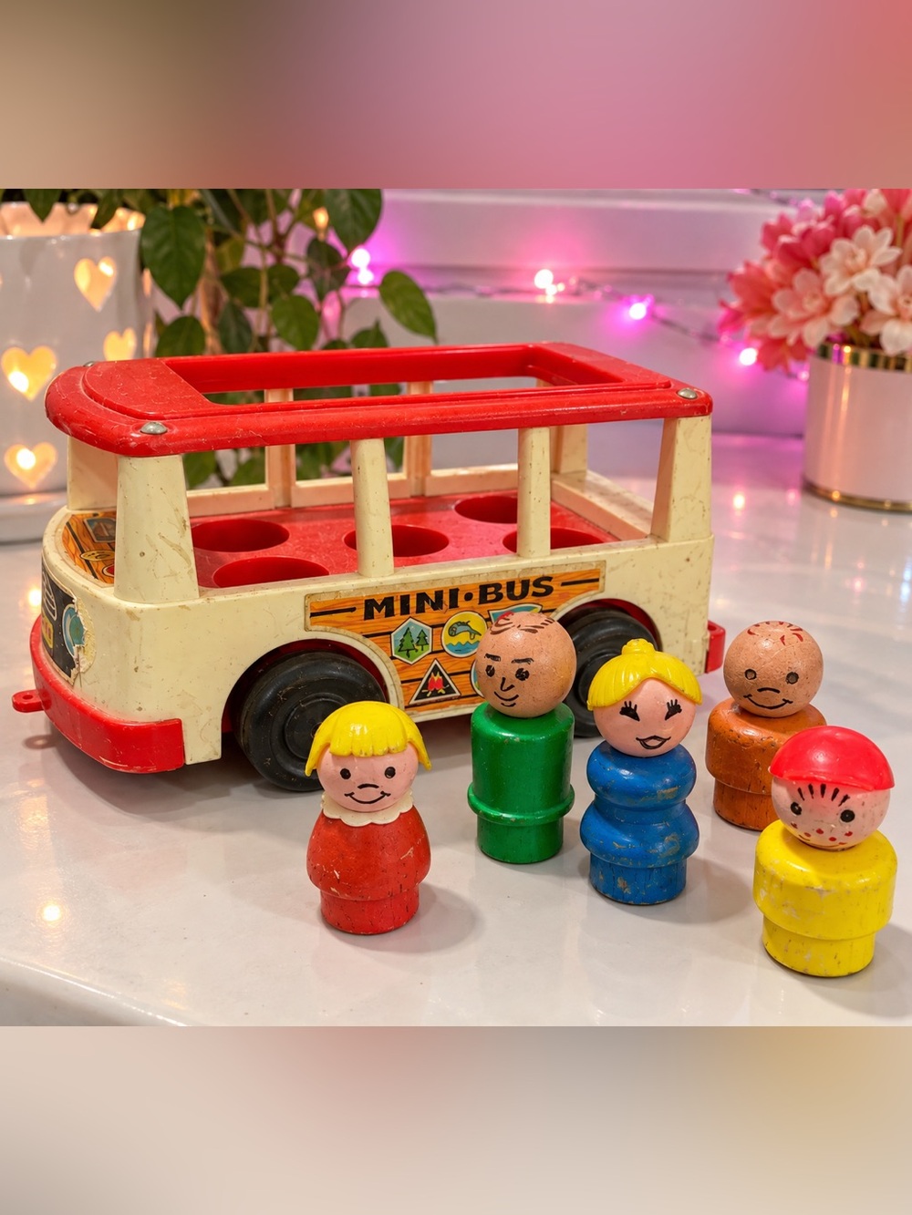 Fisher-Price 1969 Red and Cream Mini Bus with Five Colorful Peg People